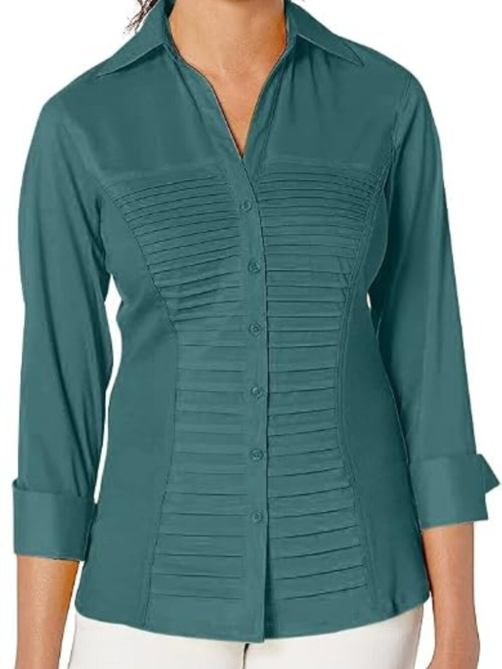 Zac & Rachel Teal 2XL Women's 3/4 Cuff Sleeve Button Down Top